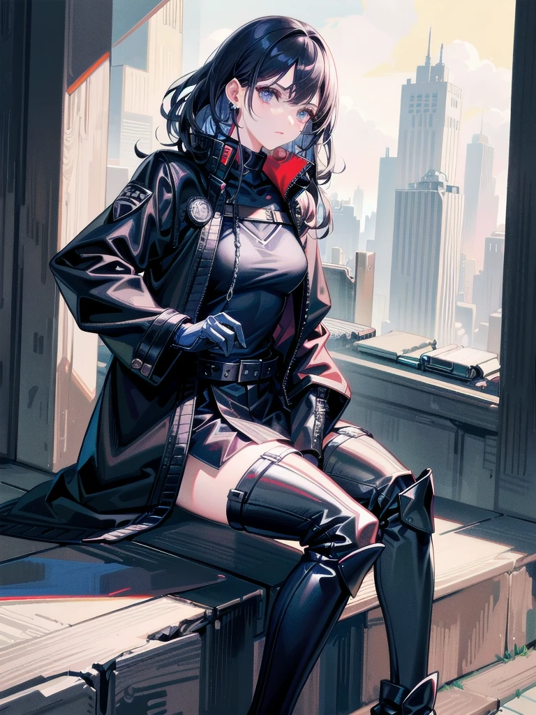 long blue great sword, Ruins, tech boots, black jacket, samurai, absurdres, RAW photo, extremely delicate and beautiful, masterpiece, Best Quality, ultra high resolution, 32k, hyperrealistic, ultra-detailed, tearful mole, earring, short medium hair, wavy hair, whole body,