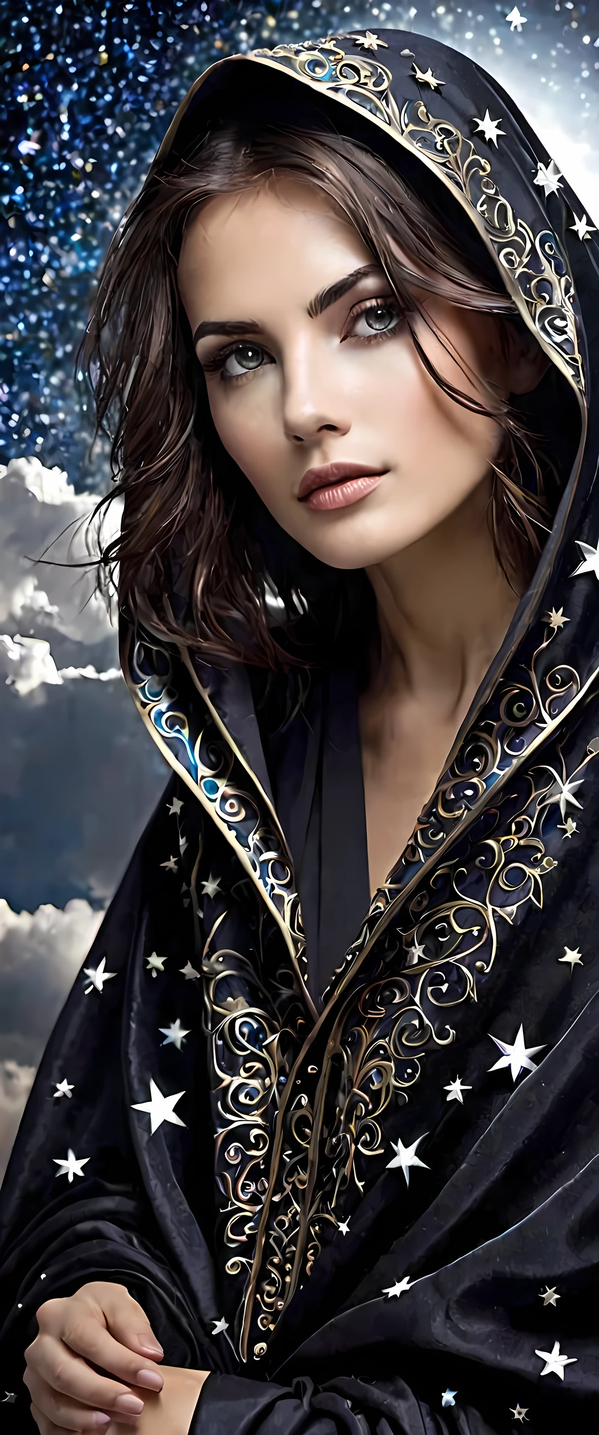 presents itself with an ethereal aura that defies genre conventions. His appearance is both masculine and feminine, capturing the essence of the duality of night and moon. Draped in a dark cloak studded with sparkling stars, evokes both celestial majesty and the mysterious beauty of darkness.
Her face is hauntingly beautiful, avec des traits fins et délicats qui rendent difficile de déterminer s'il s'agit d'un homme ou d'une femme. Ses cheveux sombres flottent comme des nuages de minuit, encadrant un visage où l'œil droit brille d'une lueur argentée, tandis que l'œil gauche reste éternellement clos.