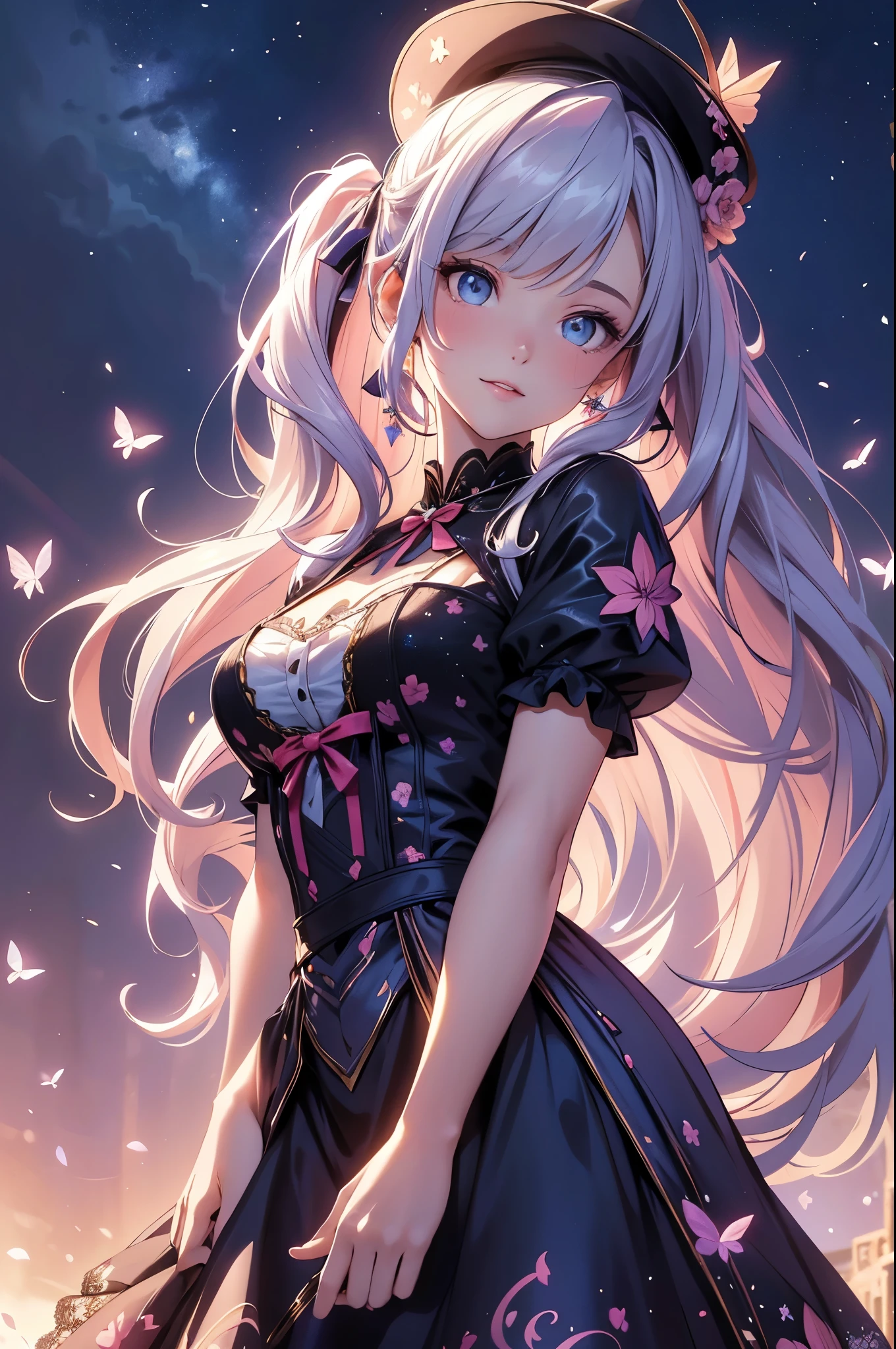 (best quality,4k,8k,highres,masterpiece:1.2),ultra-detailed,(realistic,photorealistic,photo-realistic:1.37),acrylic painting,beautiful American model in a Lolita dress with downy hair,beautiful American model with extremely colorful hair and detailed facial features,beautiful American model standing in a beautiful garden surrounded by a starry sky,beautiful American model wearing a vibrant Lolita dress,beautiful American model with intricate accessories and a matching hat,beautiful American model posing gracefully with her hands on her hips,beautiful American model with long flowing twintails,beautiful American model with bright blue eyes and rosy lips,beautiful American model with a joyful expression,beautiful American model in a dynamic pose with cherry blossoms falling around her,beautiful American model surrounded by colorful flowers and butterflies,beautiful American model's dress adorned with cute bows and lace details,beautiful American model with an enchanting smile,beautiful American model with soft, pastel-colored shading,beautiful American model with a magical glow illuminating her,beautiful American model in a picturesque setting with a winding path leading to a magnificent castle,beautiful American model holding a microphone and singing passionately,beautiful American model with a fairytale-like background,beautiful American model with a soft, dreamy atmosphere,beautiful American model with a subtle bokeh effect,beautiful American model standing under a moonlit sky,beautiful American model with a warm, golden sunset in the background,beautiful American model surrounded by twinkling stars and colorful nebulae,creating an ethereal and captivating artistic masterpiece. 