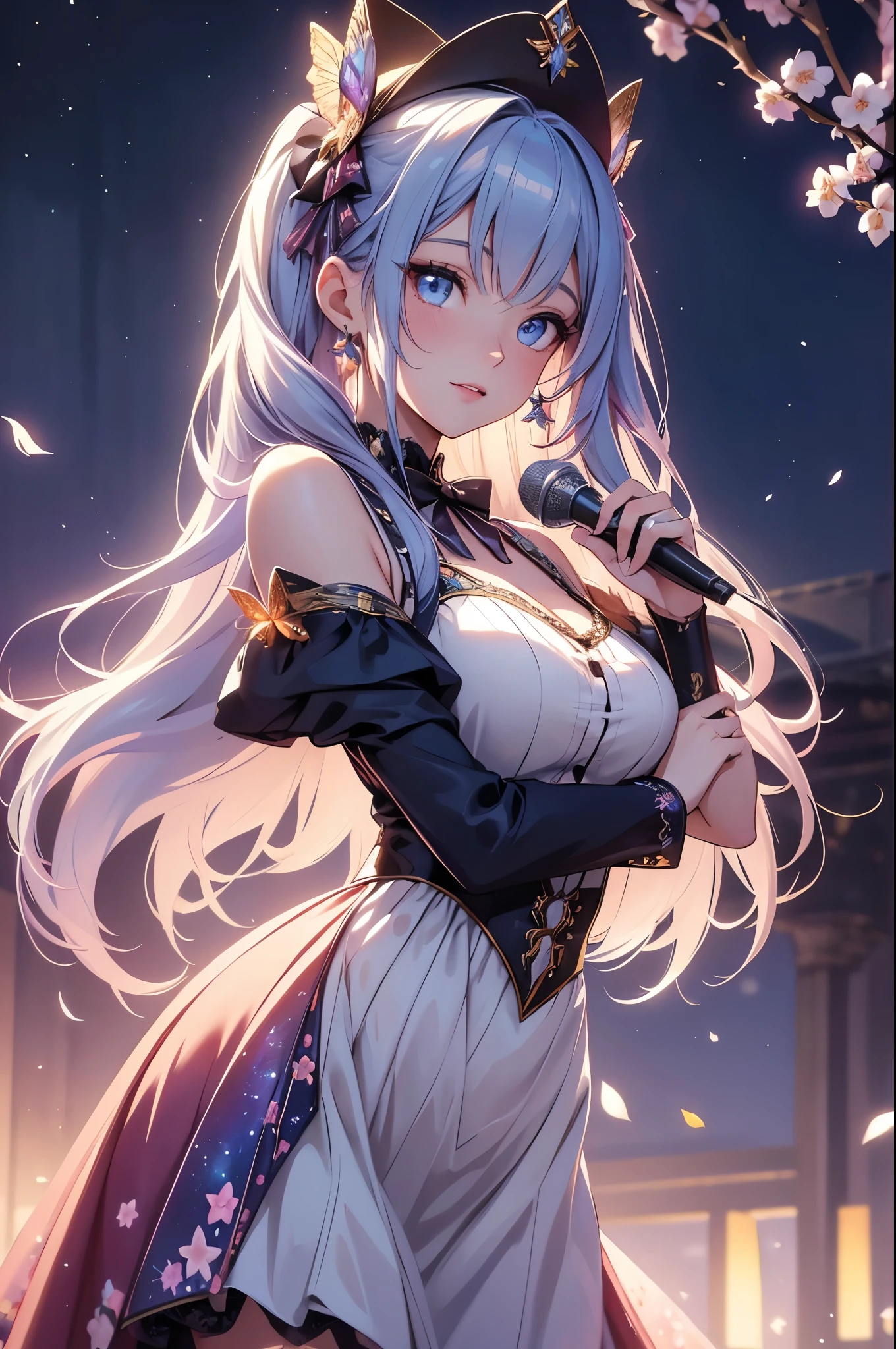 Hairstyle with all hair swept back、Silver hair back、male、Her hair is shoulder-length、Strange Eyealeの左目赤色、male右目青、Increase the wide angle、Clear Eyes、Background white、Rock vocalist、Sing with a microphone、Glittering costumes、Fancy hair accessories、