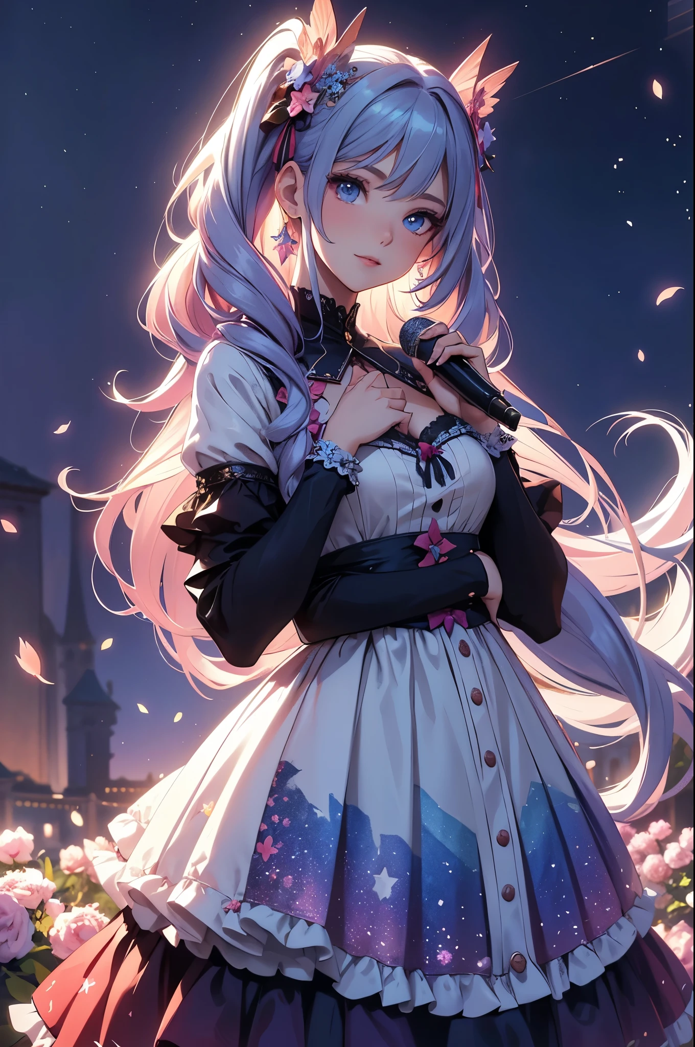 (best quality,4k,8k,highres,masterpiece:1.2),ultra-detailed,(realistic,photorealistic,photo-realistic:1.37),acrylic painting,beautiful American model in a Lolita dress with downy hair,beautiful American model with extremely colorful hair and detailed facial features,beautiful American model standing in a beautiful garden surrounded by a starry sky,beautiful American model wearing a vibrant Lolita dress,beautiful American model with intricate accessories and a matching hat,beautiful American model posing gracefully with her hands on her hips,beautiful American model with long flowing twintails,beautiful American model with bright blue eyes and rosy lips,beautiful American model with a joyful expression,beautiful American model in a dynamic pose with cherry blossoms falling around her,beautiful American model surrounded by colorful flowers and butterflies,beautiful American model's dress adorned with cute bows and lace details,beautiful American model with an enchanting smile,beautiful American model with soft, pastel-colored shading,beautiful American model with a magical glow illuminating her,beautiful American model in a picturesque setting with a winding path leading to a magnificent castle,beautiful American model holding a microphone and singing passionately,beautiful American model with a fairytale-like background,beautiful American model with a soft, dreamy atmosphere,beautiful American model with a subtle bokeh effect,beautiful American model standing under a moonlit sky,beautiful American model with a warm, golden sunset in the background,beautiful American model surrounded by twinkling stars and colorful nebulae,creating an ethereal and captivating artistic masterpiece.