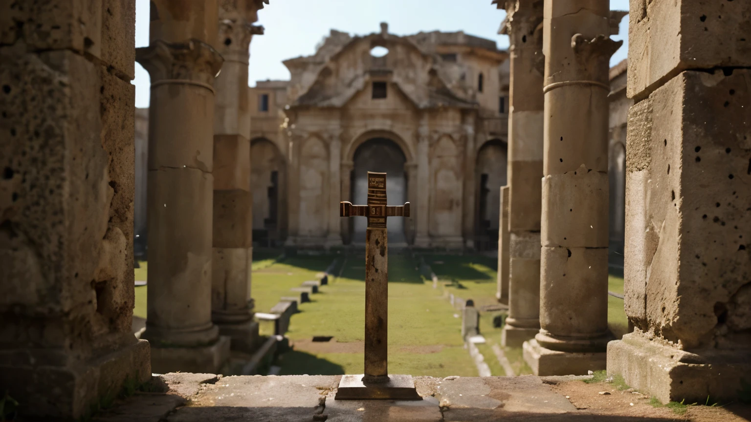 rusty sword stuck vertically in a tomb stone, in the background of the image Roman buildings