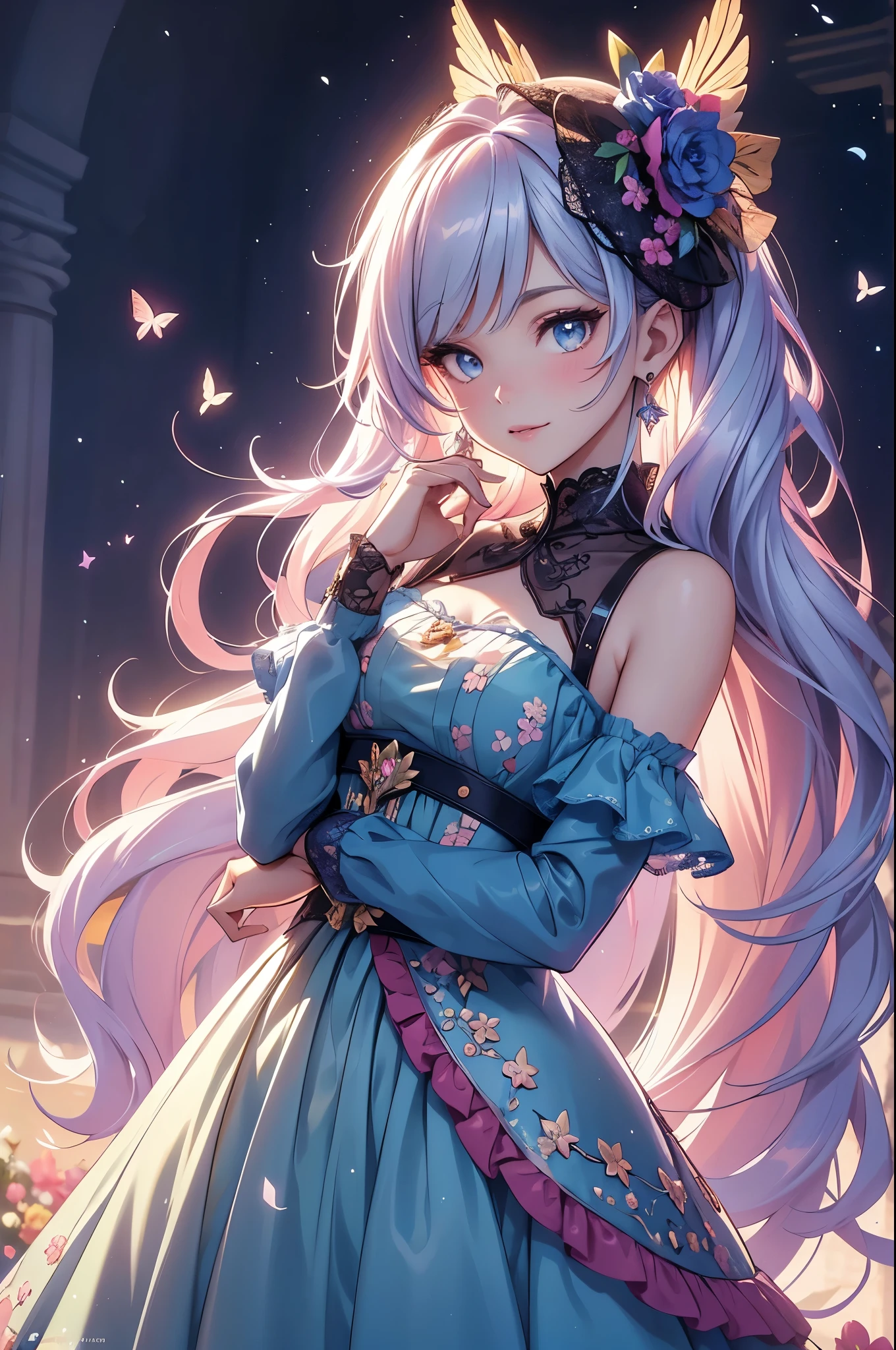 (best quality,4k,8k,highres,masterpiece:1.2),ultra-detailed,(realistic,photorealistic,photo-realistic:1.37),acrylic painting,beautiful American model in a ta dress with downy hair,beautiful American model with extremely colorful hair and detailed facial features,beautiful American model standing in a beautiful garden surrounded by a starry sky,beautiful American model wearing a vibrant Loliress,beautiful American model with intricate accessories and a matching hat,beautiful American model posing gracefully with her hands on her hips,beautiful American model with long flowing twintails,beautiful American model with bright blue eyes and rosy lips,beautiful American model with a joyful expression,beautiful American model in a dynamic pose with cherry blossoms falling around her,beautiful American model surrounded by colorful flowers and butterflies,beautiful American model's dress adorned with cute bows and lace details,beautiful American model with an enchanting smile,beautiful American model with soft, pastel-colored shading,beautiful American model with a magical glow illuminating her,beautiful American model in a picturesque setting with a winding path leading to a magnificent castle,beautiful American model holding a microphone and singing passionately,beautiful American model with a fairytale-like background,beautiful American model with a soft, dreamy atmosphere,beautiful American model with a subtle bokeh effect,beautiful American model standing under a moonlit sky,beautiful American model with a warm, golden sunset in the background,beautiful American model surrounded by twinkling stars and colorful nebulae,creating an ethereal and captivating artistic masterpiece.