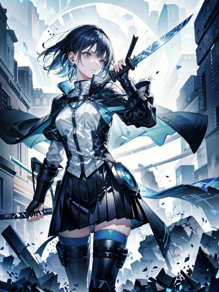 long blue great sword, Ruins, tech boots, black jacket, samurai, absurdres, RAW photo, extremely delicate and beautiful, masterpiece, Best Quality, ultra high resolution, 32k, hyperrealistic, ultra-detailed, tearful mole, earring, short medium hair, wavy hair, whole body,