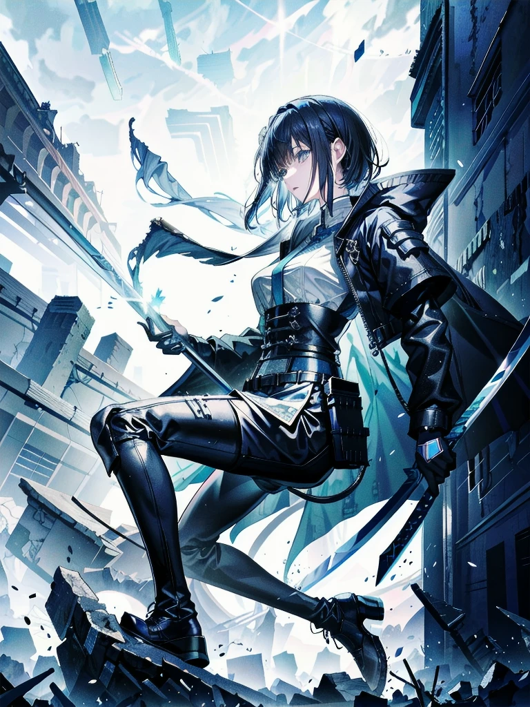 long blue great sword, Ruins, tech boots, black jacket, samurai, absurdres, RAW photo, extremely delicate and beautiful, masterpiece, Best Quality, ultra high resolution, 32k, hyperrealistic, ultra-detailed, tearful mole, earring, short medium hair, wavy hair, whole body,
