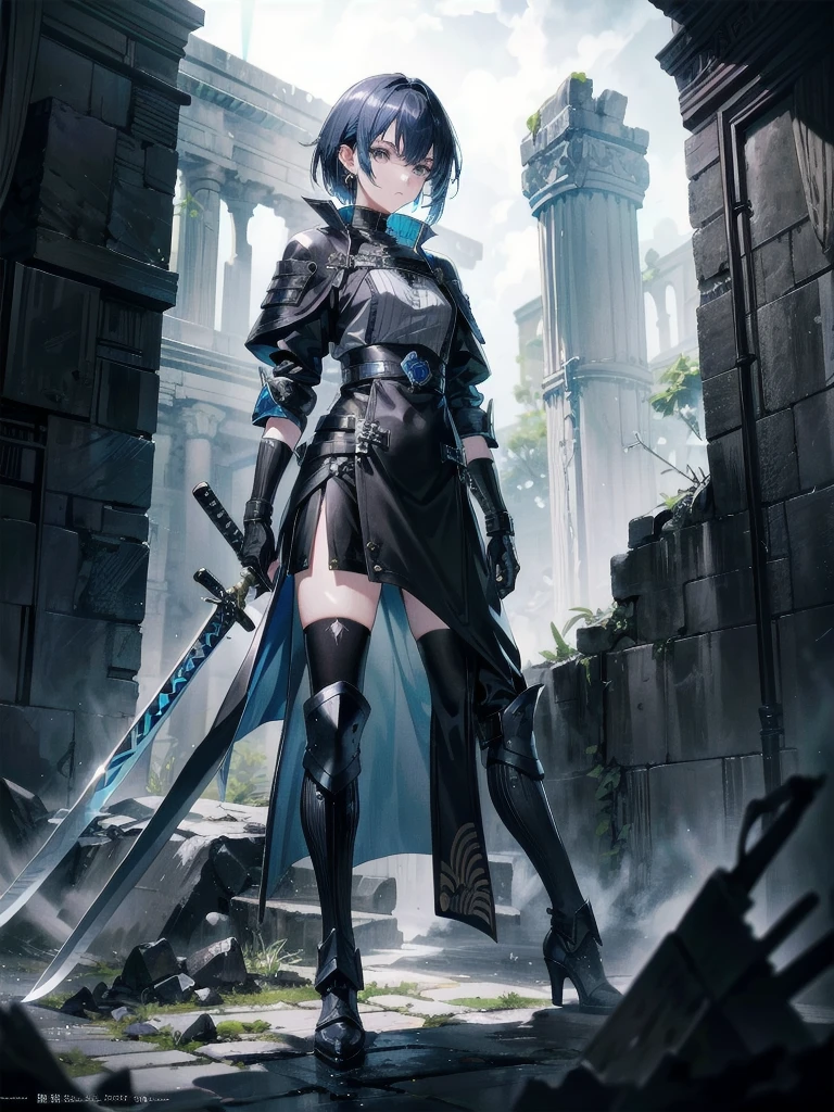 long blue great sword, Ruins, tech boots, black jacket, samurai, absurdres, RAW photo, extremely delicate and beautiful, masterpiece, Best Quality, ultra high resolution, 32k, hyperrealistic, ultra-detailed, tearful mole, earring, short medium hair, wavy hair, whole body,