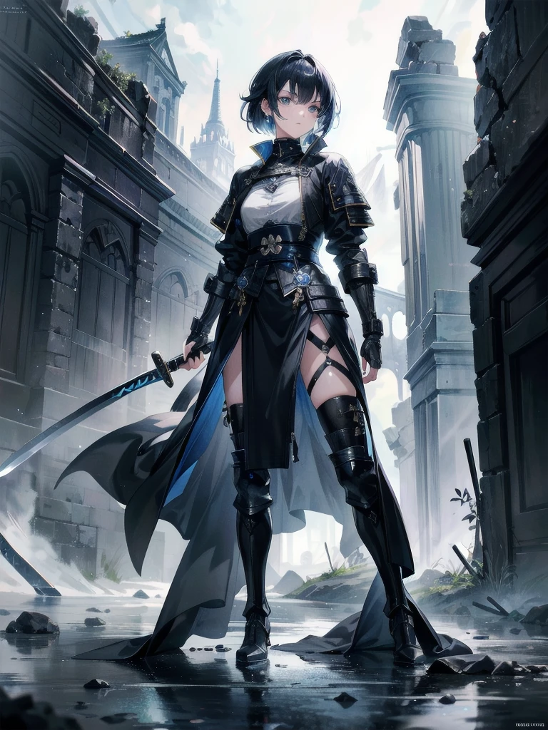 long blue great sword, Ruins, tech boots, black jacket, samurai, absurdres, RAW photo, extremely delicate and beautiful, masterpiece, Best Quality, ultra high resolution, 32k, hyperrealistic, ultra-detailed, tearful mole, earring, short medium hair, wavy hair, whole body,