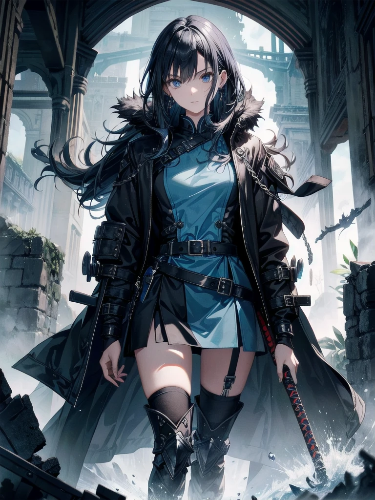 long blue great sword, Ruins, tech boots, black jacket, samurai, absurdres, RAW photo, extremely delicate and beautiful, masterpiece, Best Quality, ultra high resolution, 32k, hyperrealistic, ultra-detailed, tearful mole, earring, short medium hair, wavy hair, whole body, 