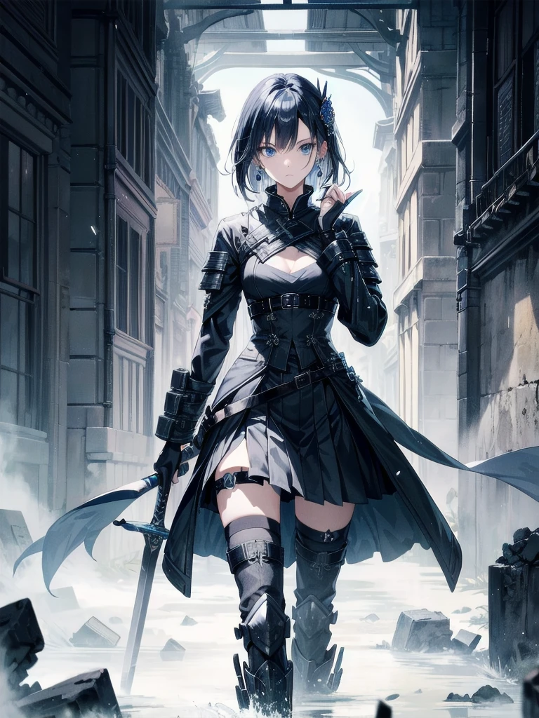long blue great sword, Ruins, tech boots, black jacket, samurai, absurdres, RAW photo, extremely delicate and beautiful, masterpiece, Best Quality, ultra high resolution, 32k, hyperrealistic, ultra-detailed, tearful mole, earring, short medium hair, wavy hair, whole body,