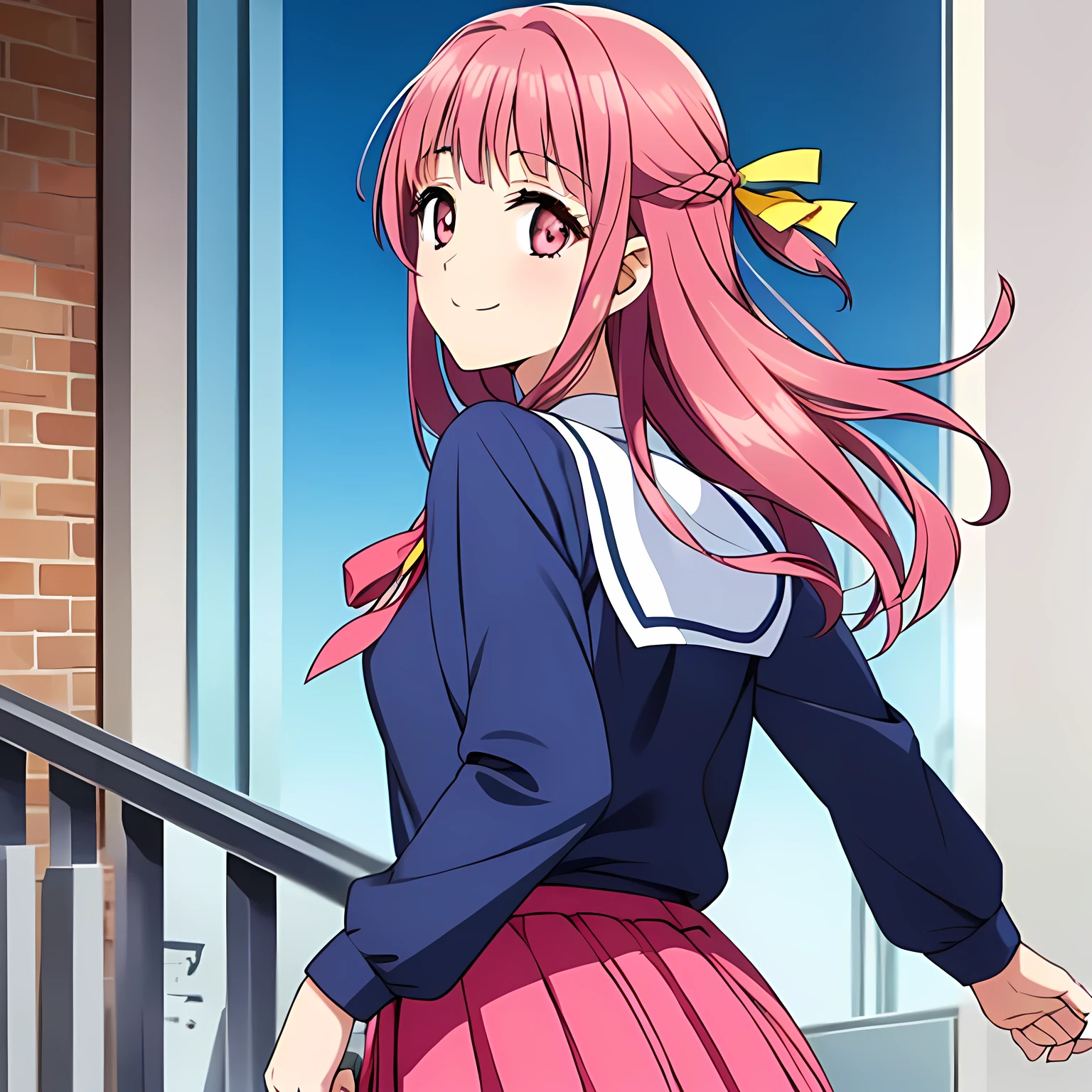 highest quality, (masterpiece:1.2), Very detailed, ((Very beautiful girl in uniform３A fashion model is looking at the camera and smiling)), ((16 years old)), (((Beautiful long, very shiny peach-colored hair))), She has a big yellow ribbon in her hair., ((Navy blue sailor suit)), ((Navy blue pleated long skirt)), ((((Very beautiful and shining deep pink eyes)))), ((Very long eyelashes)), A large crimson ribbon on the chest, ((An elegant expression like a noble princess)), (((A beautiful and enchanting smile))), Very good posture, ((Half Up)), ((Shooting from behind)), Wind