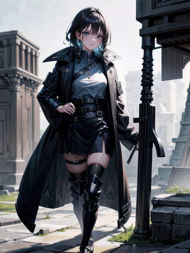 long blue great sword, Ruins, tech boots, black jacket, samurai, absurdres, RAW photo, extremely delicate and beautiful, masterpiece, Best Quality, ultra high resolution, 32k, hyperrealistic, ultra-detailed, tearful mole, earring, short medium hair, wavy hair, whole body, 