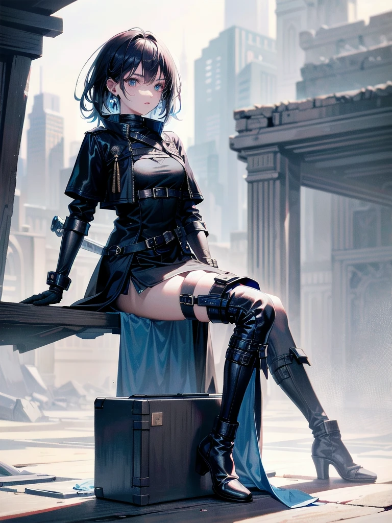 long blue great sword, Ruins, tech boots, black jacket, samurai, absurdres, RAW photo, extremely delicate and beautiful, masterpiece, Best Quality, ultra high resolution, 32k, hyperrealistic, ultra-detailed, tearful mole, earring, short medium hair, wavy hair, whole body,