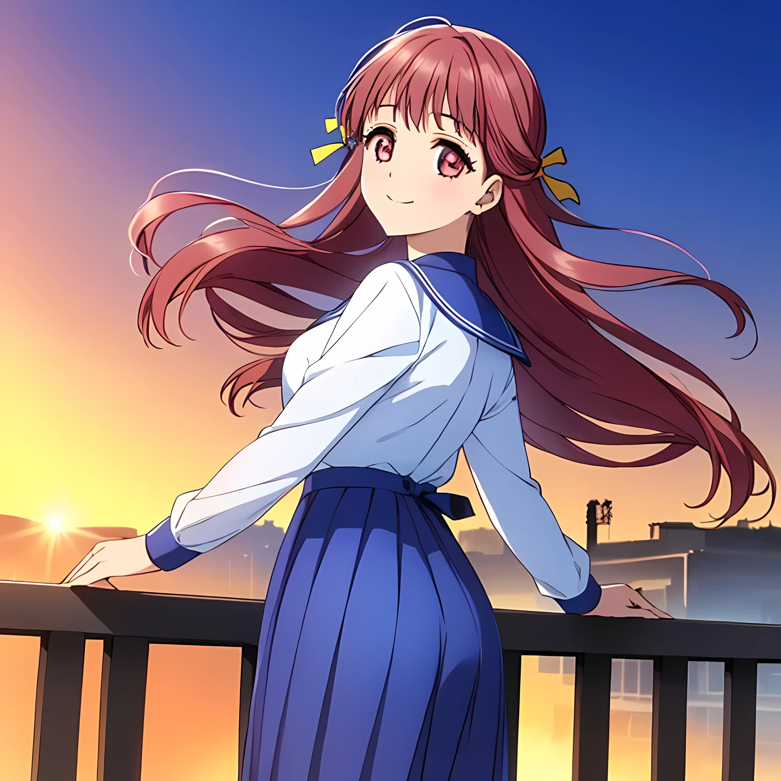 highest quality, (masterpiece:1.2), Very detailed, ((Very beautiful girl in uniform3A fashion model is looking at the camera and smiling)), (()), (((Beautiful long, very shiny peach-colored hair))), She has a big yellow ribbon in her hair., ((Navy blue sailor suit)), ((Navy blue pleated long skirt)), ((((Very beautiful and shining deep pink eyes)))), ((Very long eyelashes)), A large crimson ribbon on the chest, ((An elegant expression like a noble princess)), (((A beautiful and enchanting smile))), Very good posture, ((Half Up)), ((Shooting from behind)), Wind