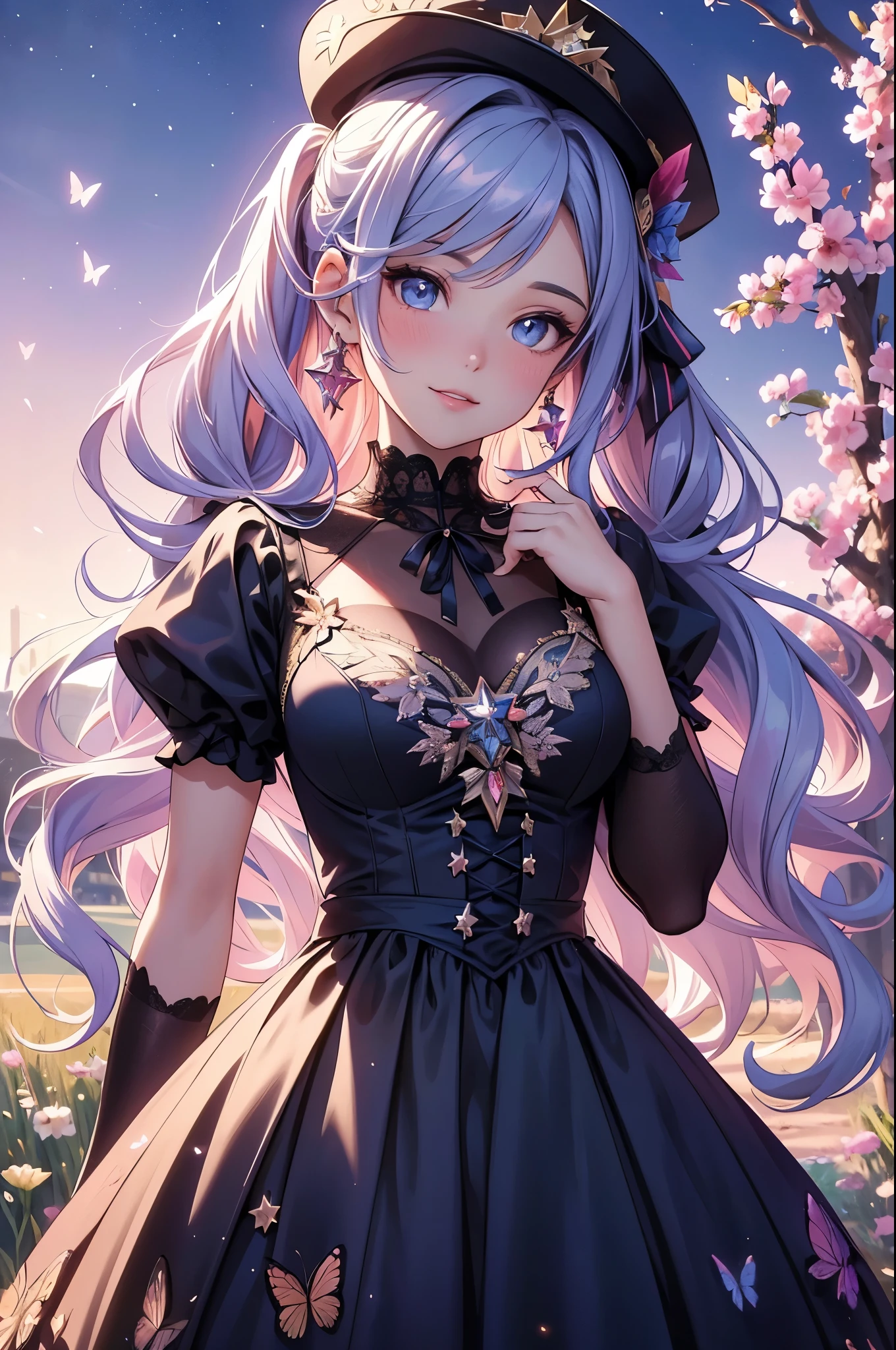 (best quality,4k,8k,highres,masterpiece:1.2),ultra-detailed,(realistic,photorealistic,photo-realistic:1.37),acrylic painting,beautiful American model in a Lolita dress with downy hair,beautiful American model with extremely colorful hair and detailed facial features,beautiful American model standing in a beautiful garden surrounded by a starry sky,beautiful American model wearing a vibrant Lolita dress,beautiful American model with intricate accessories and a matching hat,beautiful American model posing gracefully with her hands on her hips,beautiful American model with long flowing twintails,beautiful American model with bright blue eyes and rosy lips,beautiful American model with a joyful expression,beautiful American model in a dynamic pose with cherry blossoms falling around her,beautiful American model surrounded by colorful flowers and butterflies,beautiful American model's dress adorned with cute bows and lace details,beautiful American model with an enchanting smile,beautiful American model with soft, pastel-colored shading,beautiful American model with a magical glow illuminating her,beautiful American model in a picturesque setting with a winding path leading to a magnificent castle,beautiful American model holding a microphone and singing passionately,beautiful American model with a fairytale-like background,beautiful American model with a soft, dreamy atmosphere,beautiful American model with a subtle bokeh effect,beautiful American model standing under a moonlit sky,beautiful American model with a warm, golden sunset in the background,beautiful American model surrounded by twinkling stars and colorful nebulae,creating an ethereal and captivating artistic masterpiece.