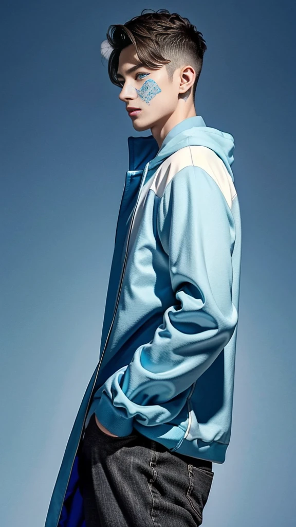 Attractive profile picture, masterpiece, ultra-precise rendering, beautiful and cool young man, trustworthy, dependable young man, savior of the world, simple design, most beautiful image, 4K, light blue eyes, the color of the clothes is the same as the original.
