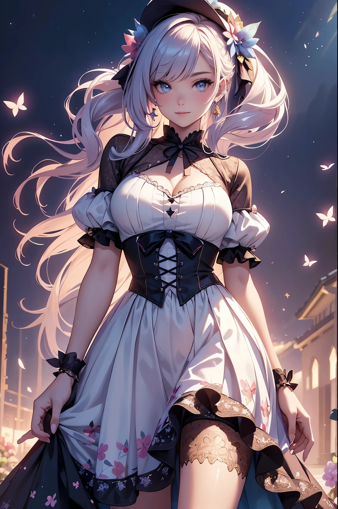 (best quality,4k,8k,highres,masterpiece:1.2),ultra-detailed,(realistic,photorealistic,photo-realistic:1.37),acrylic painting,beautiful American model in a Lolita dress with downy hair,beautiful American model with extremely colorful hair and detailed facial features,beautiful American model standing in a beautiful garden surrounded by a starry sky,beautiful American model wearing a vibrant Lolita dress,beautiful American model with intricate accessories and a matching hat,beautiful American model posing gracefully with her hands on her hips,beautiful American model with long flowing twintails,beautiful American model with bright blue eyes and rosy lips,beautiful American model with a joyful expression,beautiful American model in a dynamic pose with cherry blossoms falling around her,beautiful American model surrounded by colorful flowers and butterflies,beautiful American model's dress adorned with cute bows and lace details,beautiful American model with an enchanting smile,beautiful American model with soft, pastel-colored shading,beautiful American model with a magical glow illuminating her,beautiful American model in a picturesque setting with a winding path leading to a magnificent castle,beautiful American model holding a microphone and singing passionately,beautiful American model with a fairytale-like background,beautiful American model with a soft, dreamy atmosphere,beautiful American model with a subtle bokeh effect,beautiful American model standing under a moonlit sky,beautiful American model with a warm, golden sunset in the background,beautiful American model surrounded by twinkling stars and colorful nebulae,creating an ethereal and captivating artistic masterpiece. 