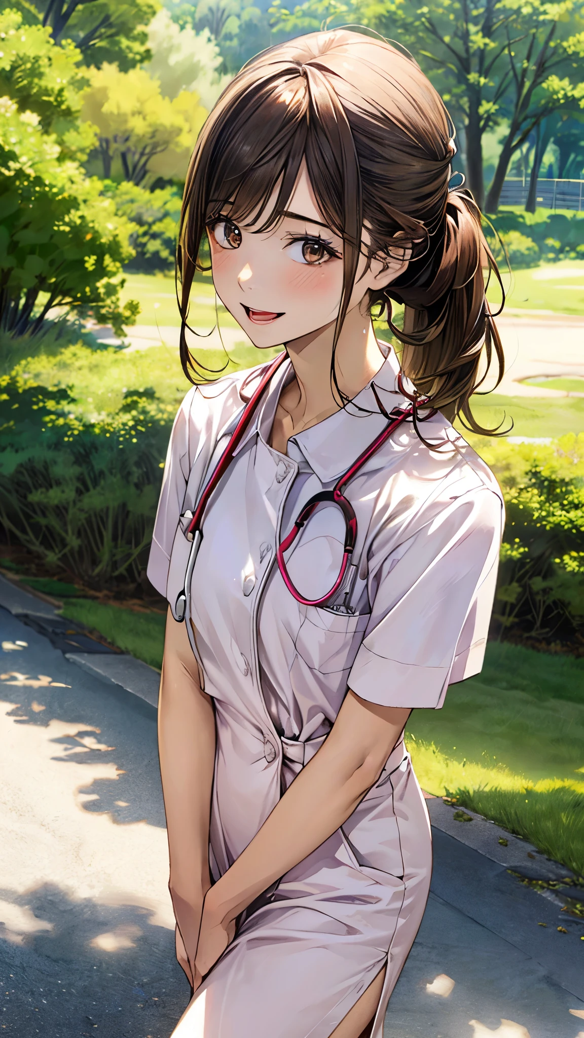 (masterpiece:1.3, top-quality, ultra high res, ultra detailed), (realistic, photorealistic:1.4), beautiful illustration, perfect lighting, natural lighting, colorful, depth of fields, surrealism, 
beautiful detailed hair, beautiful detailed face, beautiful detailed eyes, beautiful clavicle, beautiful body, beautiful chest, beautiful thigh, beautiful legs, beautiful fingers, shiny skin, 
looking at viewer, 1 girl, japanese, 19 years old, (perfect anatomy, anatomically correct, super detailed skin), cute and symmetrical face, babyface, perfect face, perfect eyes, perfect fingers,
(middle hair:1.2, updo hairstyle:1.2, long sidelocks, brown hair), asymmetrical bangs, grey eyes, big eyes, long eyelashes, (medium breasts, seductive thighs), slender, outstanding style, 
(detailed cloth texture, light pink nurse uniform, nameplate, stethoscope, karte), 
(beautiful scenery), (hospital, grassy), walking, (gentle, caring, lovely smile, open mouth small), 