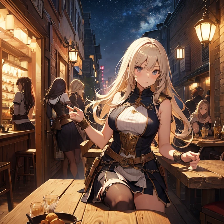 A group of  female medieval fantasy adventurers, (in tavern), various hair styles, harem, night, details face, short skirt, seducing, sleeveless, armor 