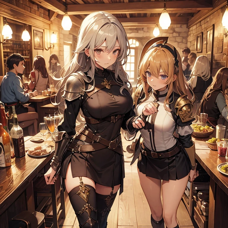 A group of female medieval fantasy adventurers, (in tavern), various hair styles, harem, night, details face, short skirt, seducing, sleeveless, armor