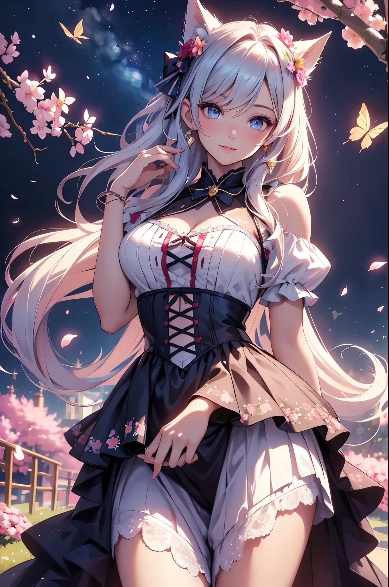 (best quality,4k,8k,highres,masterpiece:1.2),ultra-detailed,(realistic,photorealistic,photo-realistic:1.37),acrylic painting,beautiful American model in a ta dress with downy hair,beautiful American model with extremely colorful hair and detailed facial features,beautiful American model standing in a beautiful garden surrounded by a starry sky,beautiful American model wearing a vibrant Loliress,beautiful American model with intricate accessories and a matching hat,beautiful American model posing gracefully with her hands on her hips,beautiful American model with long flowing twintails,beautiful American model with bright blue eyes and rosy lips,beautiful American model with a joyful expression,beautiful American model in a dynamic pose with cherry blossoms falling around her,beautiful American model surrounded by colorful flowers and butterflies,beautiful American model's dress adorned with cute bows and lace details,beautiful American model with an enchanting smile,beautiful American model with soft, pastel-colored shading,beautiful American model with a magical glow illuminating her,beautiful American model in a picturesque setting with a winding path leading to a magnificent castle,beautiful American model holding a microphone and singing passionately,beautiful American model with a fairytale-like background,beautiful American model with a soft, dreamy atmosphere,beautiful American model with a subtle bokeh effect,beautiful American model standing under a moonlit sky,beautiful American model with a warm, golden sunset in the background,beautiful American model surrounded by twinkling stars and colorful nebulae,creating an ethereal and captivating artistic masterpiece. 