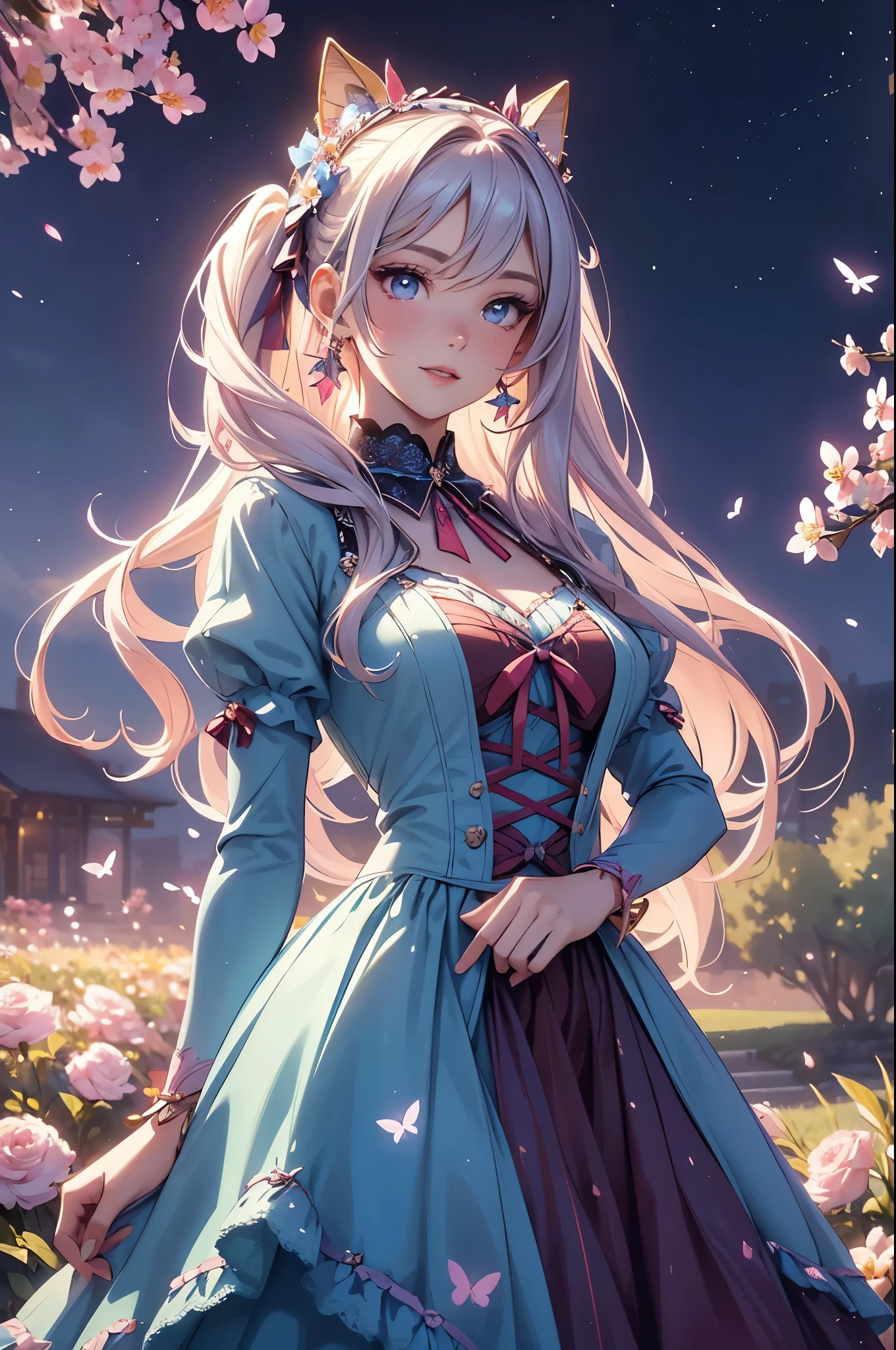 (best quality,4k,8k,highres,masterpiece:1.2),ultra-detailed,(realistic,photorealistic,photo-realistic:1.37),acrylic painting,beautiful American model in a Lolita dress with downy hair,beautiful American model with extremely colorful hair and detailed facial features,beautiful American model standing in a beautiful garden surrounded by a starry sky,beautiful American model wearing a vibrant Lolita dress,beautiful American model with intricate accessories and a matching hat,beautiful American model posing gracefully with her hands on her hips,beautiful American model with long flowing twintails,beautiful American model with bright blue eyes and rosy lips,beautiful American model with a joyful expression,beautiful American model in a dynamic pose with cherry blossoms falling around her,beautiful American model surrounded by colorful flowers and butterflies,beautiful American model's dress adorned with cute bows and lace details,beautiful American model with an enchanting smile,beautiful American model with soft, pastel-colored shading,beautiful American model with a magical glow illuminating her,beautiful American model in a picturesque setting with a winding path leading to a magnificent castle,beautiful American model holding a microphone and singing passionately,beautiful American model with a fairytale-like background,beautiful American model with a soft, dreamy atmosphere,beautiful American model with a subtle bokeh effect,beautiful American model standing under a moonlit sky,beautiful American model with a warm, golden sunset in the background,beautiful American model surrounded by twinkling stars and colorful nebulae,creating an ethereal and captivating artistic masterpiece. 