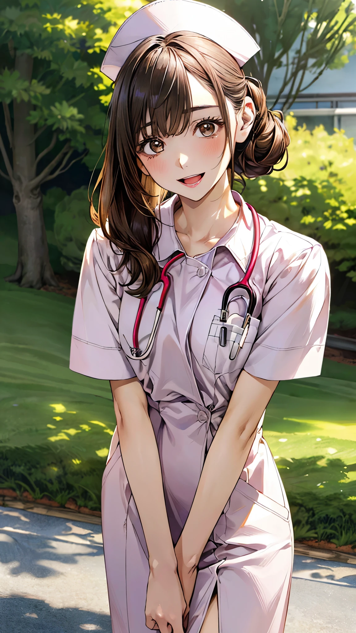 (masterpiece:1.3, top-quality, ultra high res, ultra detailed), (realistic, photorealistic:1.4), beautiful illustration, perfect lighting, natural lighting, colorful, depth of fields, surrealism,
beautiful detailed hair, beautiful detailed face, beautiful detailed eyes, beautiful clavicle, beautiful body, beautiful chest, beautiful thigh, beautiful legs, beautiful fingers, shiny skin,
looking at viewer, 1 girl, japanese, 19 years old, (perfect anatomy, anatomically correct, super detailed skin), cute and symmetrical face, babyface, perfect face, perfect eyes, perfect fingers,
(middle hair:1.2, updo hairstyle:1.2, long sidelocks, brown hair), asymmetrical bangs, grey eyes, big eyes, long eyelashes, (medium breasts, seductive thighs), slender, outstanding style,
(detailed cloth texture, light pink nurse uniform, nameplate, stethoscope, karte),
(beautiful scenery), (hospital, grassy), walking, (gentle, caring, lovely smile, open mouth small),