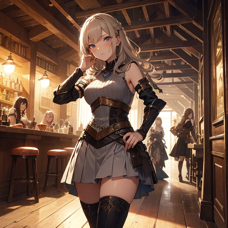 A group of female medieval fantasy adventurers, (in tavern), various hair styles, harem, night, details face, short skirt, seducing, sleeveless, armor