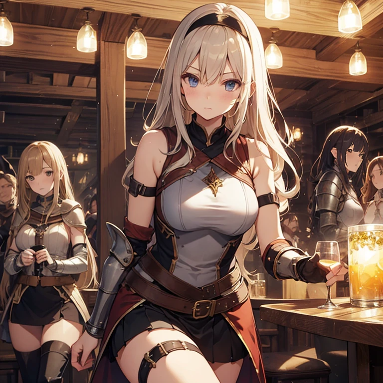 A group of female medieval fantasy adventurers, (in tavern), various hair styles, harem, night, details face, short skirt, seducing, sleeveless, armor