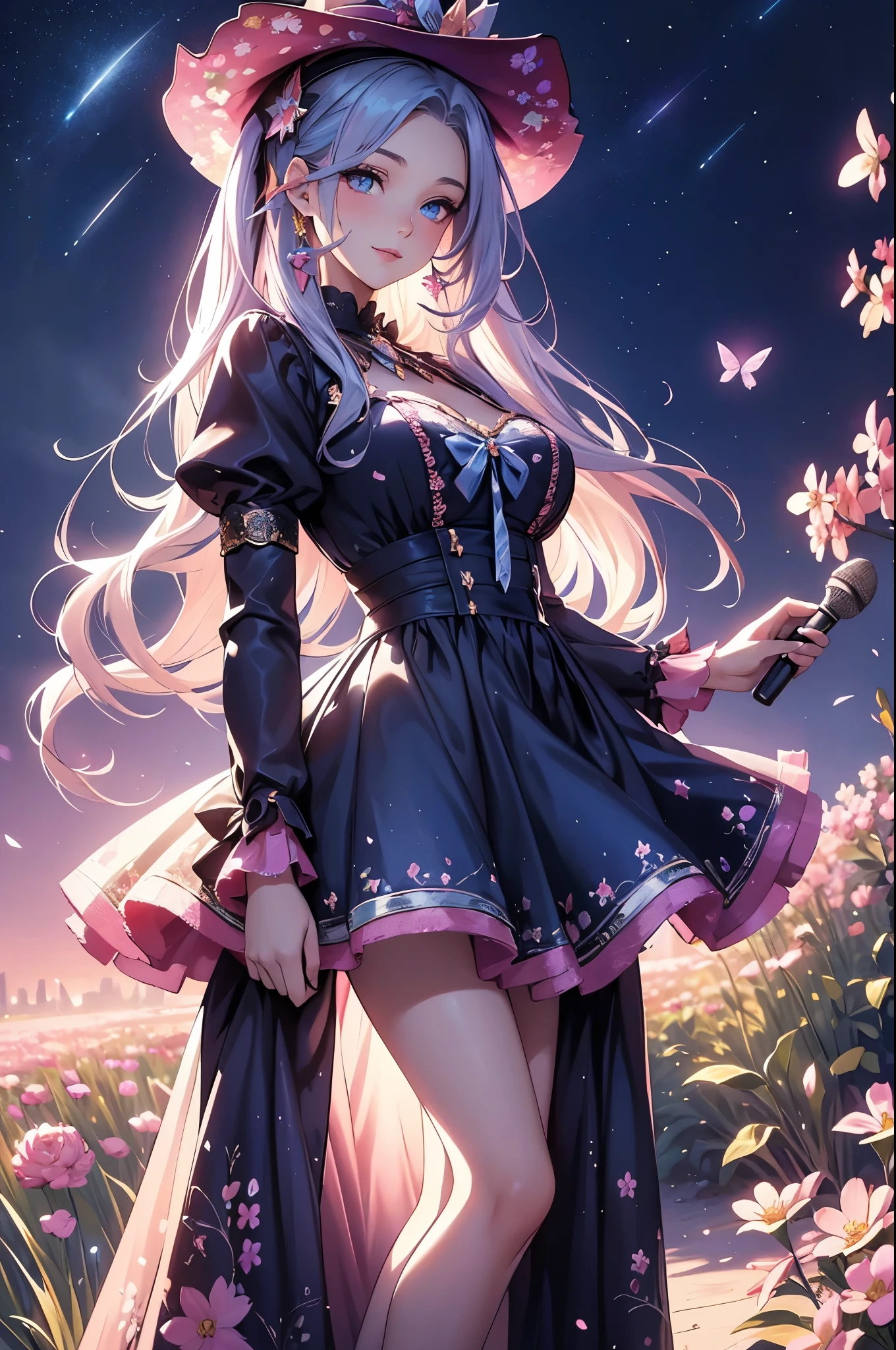 (best quality,4k,8k,highres,masterpiece:1.2),ultra-detailed,(realistic,photorealistic,photo-realistic:1.37),acrylic painting,beautiful American model in a ta dress with downy hair,beautiful American model with extremely colorful hair and detailed facial features,beautiful American model standing in a beautiful garden surrounded by a starry sky,beautiful American model wearing a vibrant Loliress,beautiful American model with intricate accessories and a matching hat,beautiful American model posing gracefully with her hands on her hips,beautiful American model with long flowing twintails,beautiful American model with bright blue eyes and rosy lips,beautiful American model with a joyful expression,beautiful American model in a dynamic pose with cherry blossoms falling around her,beautiful American model surrounded by colorful flowers and butterflies,beautiful American model's dress adorned with cute bows and lace details,beautiful American model with an enchanting smile,beautiful American model with soft, pastel-colored shading,beautiful American model with a magical glow illuminating her,beautiful American model in a picturesque setting with a winding path leading to a magnificent castle,beautiful American model holding a microphone and singing passionately,beautiful American model with a fairytale-like background,beautiful American model with a soft, dreamy atmosphere,beautiful American model with a subtle bokeh effect,beautiful American model standing under a moonlit sky,beautiful American model with a warm, golden sunset in the background,beautiful American model surrounded by twinkling stars and colorful nebulae,creating an ethereal and captivating artistic masterpiece.