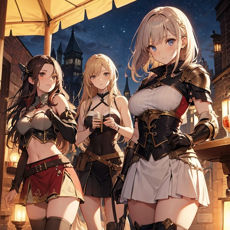 A group of female adventurers set in a medieval fantasy world, (At the pub), Mr.々Hair style, Harem, night, Detailed aspect, Short skirt, Seduce, No sleeve, armor 、showing off panties