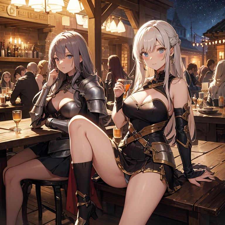 A group of  female medieval fantasy adventurers, (in tavern), various hair styles, harem, night, details face, short skirt, seducing, sleeveless, armor 