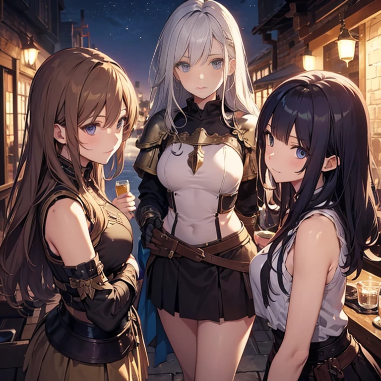A group of female medieval fantasy adventurers, (in tavern), various hair styles, harem, night, details face, short skirt, seducing, sleeveless, armor, midriff