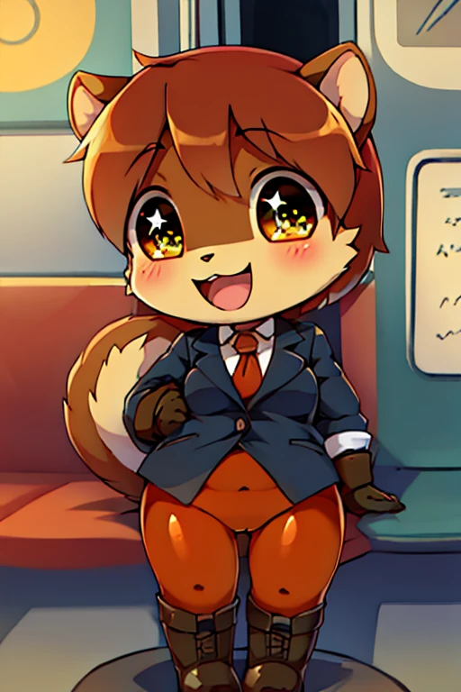 boy, squirrel, furry, bodyfur, blazer, bottomless, color tights, gloves, boots, chibi, happy, sparkling eyes, train, baby