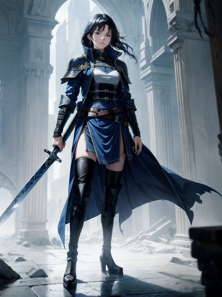 long blue great sword, Ruins, tech boots, black jacket, samurai, absurdres, RAW photo, extremely delicate and beautiful, masterpiece, Best Quality, ultra high resolution, 32k, hyperrealistic, ultra-detailed, tearful mole, earring, short medium hair, wavy hair, whole body, 