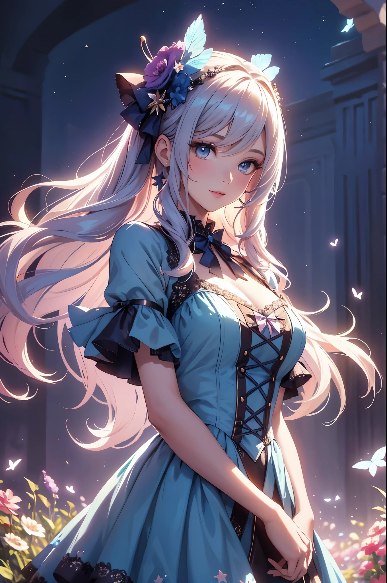 (best quality,4k,8k,highres,masterpiece:1.2),ultra-detailed,(realistic,photorealistic,photo-realistic:1.37),acrylic painting,beautiful American model in a ta dress with downy hair,beautiful American model with extremely colorful hair and detailed facial features,beautiful American model standing in a beautiful garden surrounded by a starry sky,beautiful American model wearing a vibrant Loliress,beautiful American model with intricate accessories and a matching hat,beautiful American model posing gracefully with her hands on her hips,beautiful American model with long flowing twintails,beautiful American model with bright blue eyes and rosy lips,beautiful American model with a joyful expression,beautiful American model in a dynamic pose with cherry blossoms falling around her,beautiful American model surrounded by colorful flowers and butterflies,beautiful American model's dress adorned with cute bows and lace details,beautiful American model with an enchanting smile,beautiful American model with soft, pastel-colored shading,beautiful American model with a magical glow illuminating her,beautiful American model in a picturesque setting with a winding path leading to a magnificent castle,beautiful American model holding a microphone and singing passionately,beautiful American model with a fairytale-like background,beautiful American model with a soft, dreamy atmosphere,beautiful American model with a subtle bokeh effect,beautiful American model standing under a moonlit sky,beautiful American model with a warm, golden sunset in the background,beautiful American model surrounded by twinkling stars and colorful nebulae,creating an ethereal and captivating artistic masterpiece. 