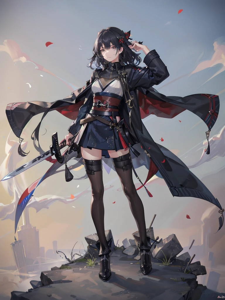 long blue great sword, Ruins, tech boots, black jacket, samurai, absurdres, RAW photo, extremely delicate and beautiful, masterpiece, Best Quality, ultra high resolution, 32k, hyperrealistic, ultra-detailed, tearful mole, earring, short medium hair, wavy hair, whole body,