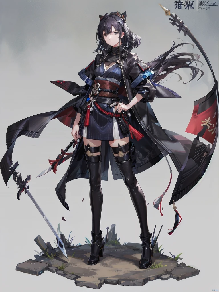 long blue great sword, Ruins, tech boots, black jacket, samurai, absurdres, RAW photo, extremely delicate and beautiful, masterpiece, Best Quality, ultra high resolution, 32k, hyperrealistic, ultra-detailed, tearful mole, earring, short medium hair, wavy hair, whole body,