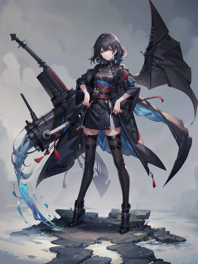 long blue great sword, Ruins, tech boots, black jacket, samurai, absurdres, RAW photo, extremely delicate and beautiful, masterpiece, Best Quality, ultra high resolution, 32k, hyperrealistic, ultra-detailed, tearful mole, earring, short medium hair, wavy hair, whole body, 