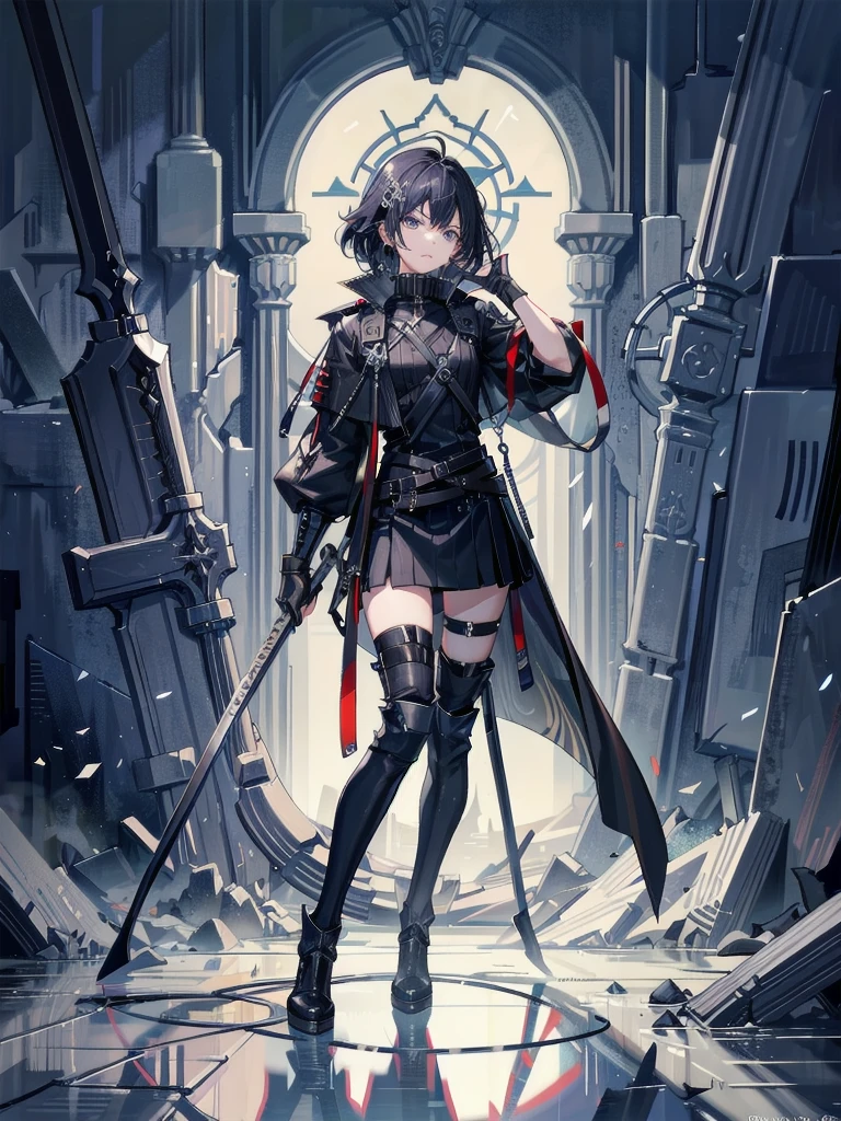 long blue great sword, Ruins, tech boots, black jacket, samurai, absurdres, RAW photo, extremely delicate and beautiful, masterpiece, Best Quality, ultra high resolution, 32k, hyperrealistic, ultra-detailed, tearful mole, earring, short medium hair, wavy hair, whole body, 