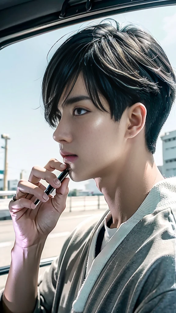 kk, melhor qualidade, mais detalhes, obra-prima, 1boy, kaneki ken, retrato, foco masculino, olhos vermelhos, solo, franja, olhando para o espectador, capuz, espada, cabelo curto, chuva, tokyo tokyo \(cidade\), capuz, nail polish, cabelo branco, luxuoso, 8k, detalhado, ray tracing, profundidade de campo, cinematic lighthing,