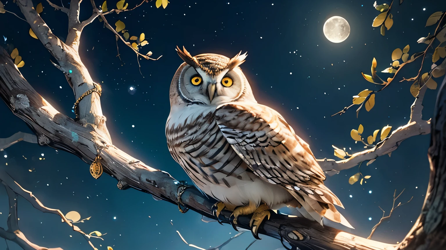 intricately drawn owl with an pattern of feathers and wise and kind eyes, accurately drawn talons, rests on a branch of a beautiful tree with a intricately pattern of tree branches, a crescent moon and stars glow in sky, a mystical fantasy dreamy landscape