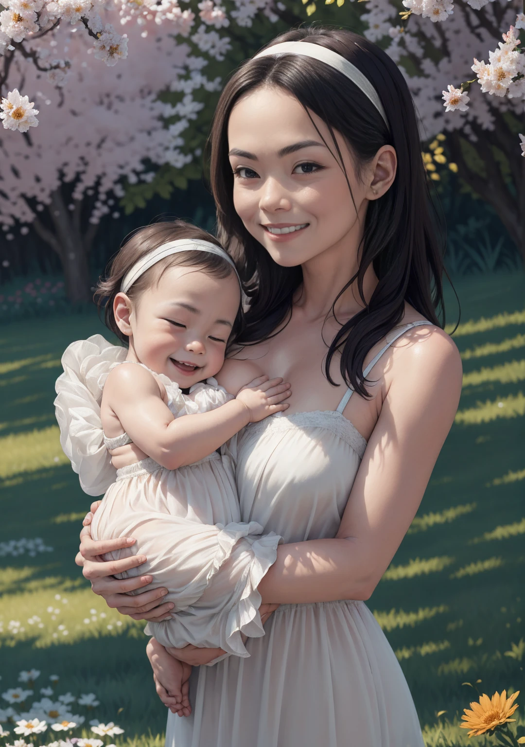 doting mother holding a baby,gently cradling baby in her arms,nurturing care for little ,warm motherly embrace,gentle touch of a mother's hands,affectionate gaze from mother's eyes,soft and delicate baby skin,sweet and innocent smile of the baby,adorned with a floral headband,loving bond between mother and ,peaceful and serene atmosphere,beautiful garden in bloom,colorful flowers in vibrant hues,lush green grass and blooming trees,sparkling sunlight filtering through the leaves,ethereal and dreamy ambiance,impressionist painting style,soft brushstrokes and vibrant colors of oil painting,warm and harmonious color palette,subtle play of light and shadows,masterpiece:1.2,ultra-detailed,realistic:1.37,vivid colors,sharp focus,studio lighting.