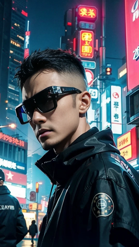 Man,cyberpunk background,realistic, ultra detail,70mm lens