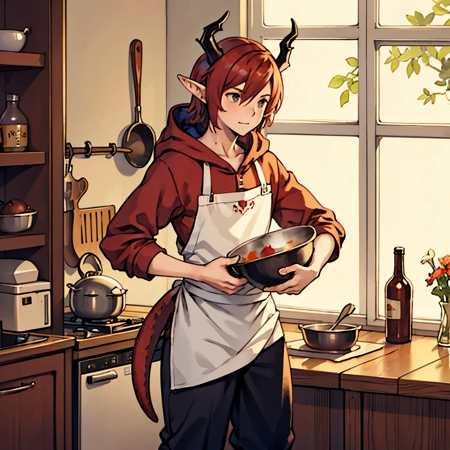 One male femboy with red hair and elf ears dragon horns and tail in baggy hoodie and tight pants has apron on cooking in a kitchen with thick thighs 