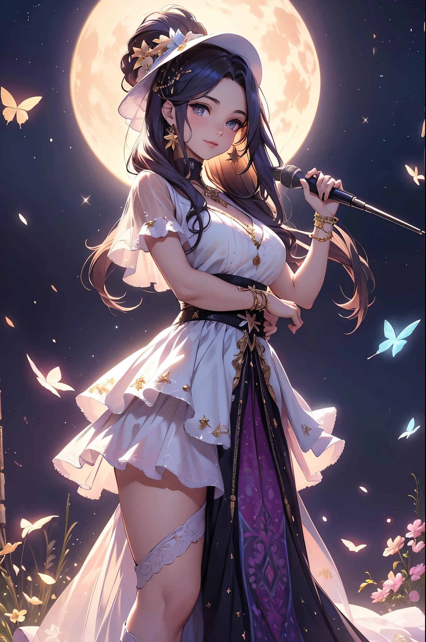 (best quality,4k,8k,highres,masterpiece:1.2),ultra-detailed,(realistic,photorealistic,photo-realistic:1.37),acrylic painting,beautiful Spanish model in a ta dress with downy hair,beautiful Spanish model with extremely colorful hair and detailed facial features,beautiful Spanish model standing in a beautiful garden surrounded by a starry sky,beautiful Spanish model wearing a vibrant Loliress,beautiful Spanish model with intricate accessories and a matching hat,beautiful Spanish model posing gracefully with her hands on her hips,beautiful Spanish model with long flowing twintails,beautiful Spanish model with bright blue eyes and rosy lips,beautiful Spanish model with a joyful expression,beautiful Spanish model in a dynamic pose with cherry blossoms falling around her,beautiful Spanish model surrounded by colorful flowers and butterflies,beautiful Spanish model's dress adorned with cute bows and lace details,beautiful Spanish model with an enchanting smile,beautiful Spanish model with soft, pastel-colored shading,beautiful Spanish model with a magical glow illuminating her,beautiful Spanish model in a picturesque setting with a winding path leading to a magnificent castle,beautiful Spanish model holding a microphone and singing passionately,beautiful Spanish model with a fairytale-like background,beautiful Spanish model with a soft, dreamy atmosphere,beautiful Spanish model with a subtle bokeh effect,beautiful Spanish model standing under a moonlit sky,beautiful Spanish model with a warm, golden sunset in the background,beautiful Spanish model surrounded by twinkling stars and colorful nebulae,creating an ethereal and captivating artistic masterpiece.