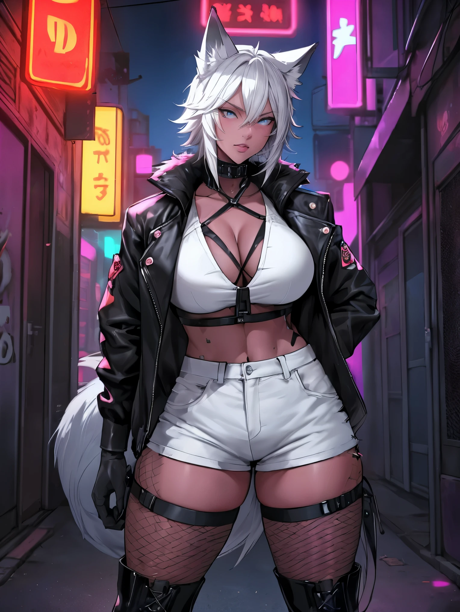 Single girl, Anime tomboy, Short, Long white hair, wolf ears, wolf tail, blue eyes, thigh high fishnets, black combat boots, wearing fur lined open jacket, short jacket, nude, solo tomboy, only one female ((big breasts)) solo, alone, (SOLO)(ALONE) thicc thighs, wide hips, blue eyes, perfect eyes, perfect face, full lips,white shirt, midriff, black cutoff shorts, perfect detailed face, (prostitution), (((prostitute))), standing, (redlight district), neon lights, bilboards, outside a brothel, cleavage,