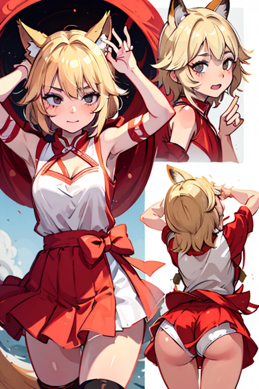 Fox Girl　Blonde Short Hair　Miko costume　Crying and pretending to be a dog　Two arms　Put your hands together　Four legs　View from behind