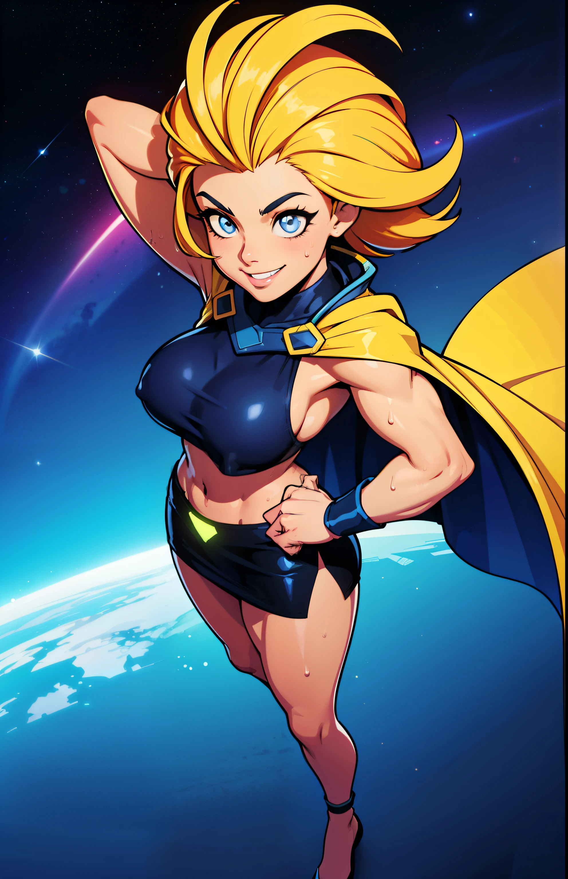 Digital painting of a woman with royal blue and yellow hair, super hero, muscle girl, pose, fist up, ((from above)), 1knee up, Behance Contest Winner, Afrofuturism, Synthwave, neon, glowing neon, sagging massive breasts, mini skirt, cape, sweat, glossy silky skin, smile,  in space, 