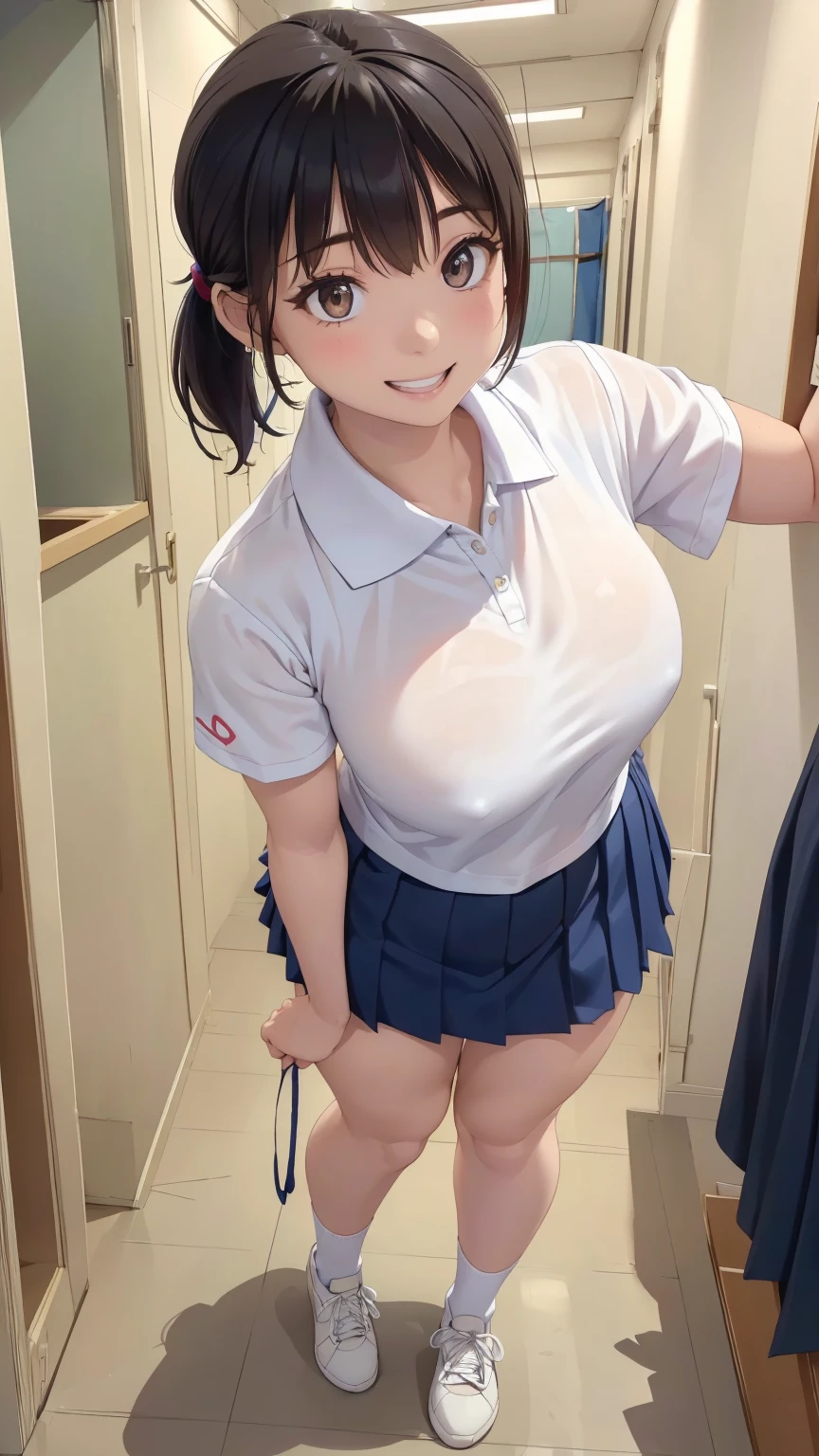 (masterpiece,highest quality,High resolution,Realistic,photograph:1.2),(One high school girl:1.2), (((White polo shirt), Navy blue pleated skirt), (White sneakers), White socks),(Smiling with some teeth showing and eyes narrowed:1.3),(Brown hair ponytail, Natural Makeup, Eyelash extensions, Make your eyelashes thinner and longer:1.3), (A girl who is shorter than the viewer walking next to her:1.3), (clothing that fits:1.2), (School corridor:1.3)