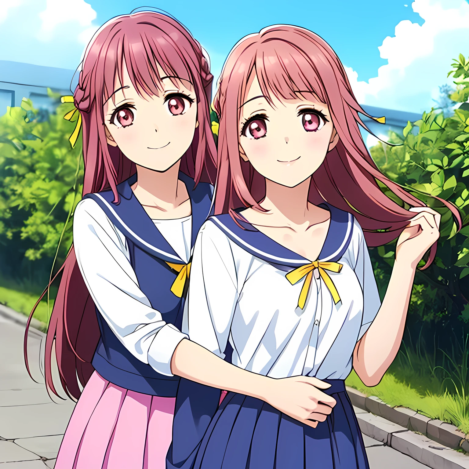 highest quality, (masterpiece:1.2), Very detailed, Game CG, (((Very beautiful girl in school uniform２Two fashion models kissing))), ((The girl everyone loves)), (((Brown and very shiny short bob hair))), (((Navy blue blazer))), ((Navy blue pleated long skirt)), ((((Very beautiful and shining eyes)))), ((Very long eyelashes)), A large crimson ribbon on the chest, ((An elegant expression like a noble princess)), (((A beautiful and enchanting smile))), Small face and great posture, ((Heavenly happiness)), (((The background is blurred with a flower garden.))), ((Very intelligent face)), ((Anime heroine smiling and open mouth)), ((We embraced each other tightly and looked at each other))